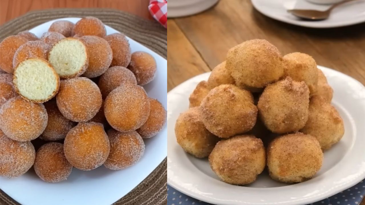 Bolinho de chuva tradicional polvilhado com açúcar e canela